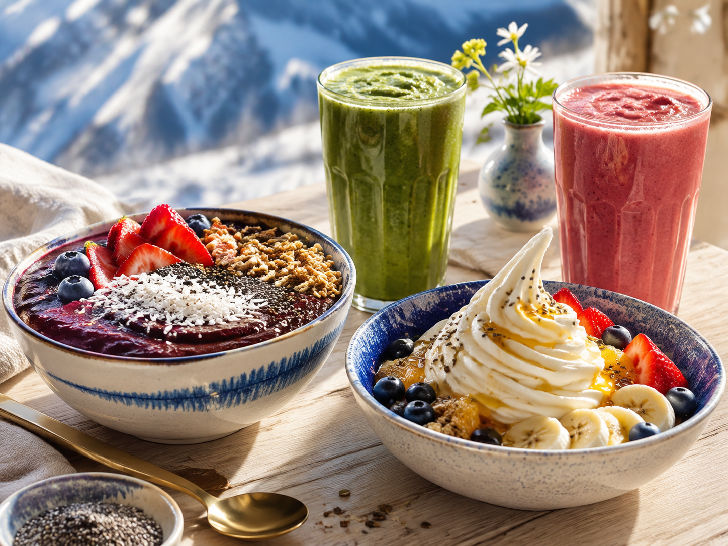 Açaí bowl, Greek yogurt bowl, green smoothie and strawberry smoothie in an alpine setting