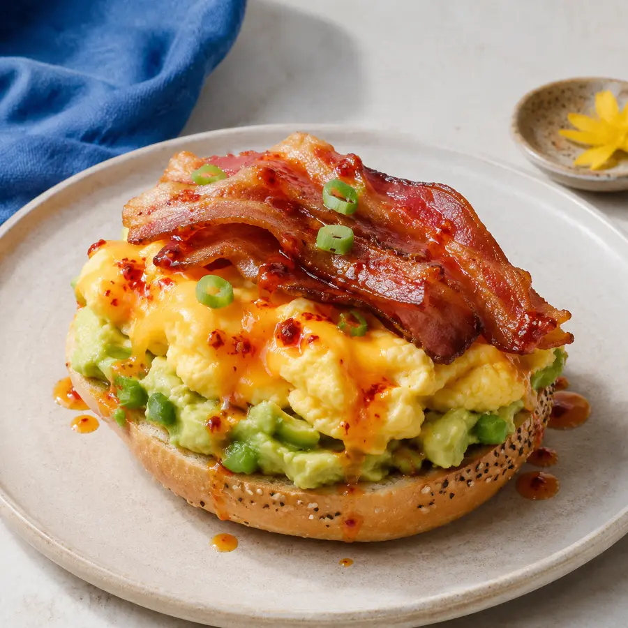 Alpine Egg bagel with soft eggs, cheddar and avocado
