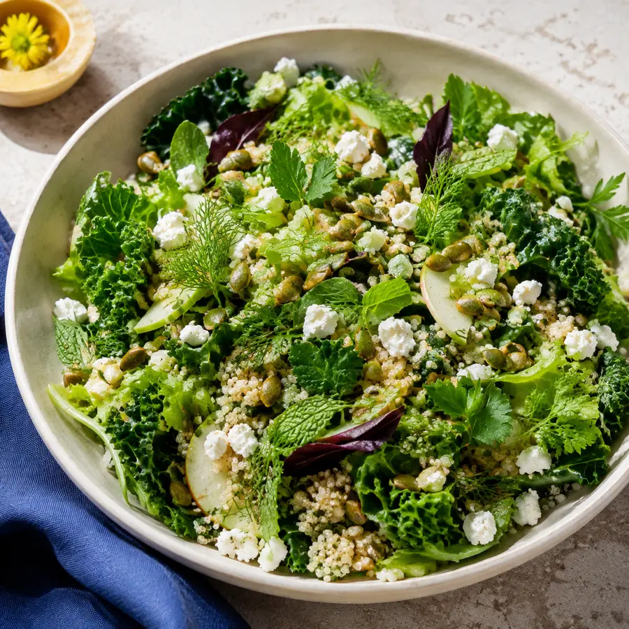 Daily Herb Salad with greens, quinoa, feta and pumpkin seeds