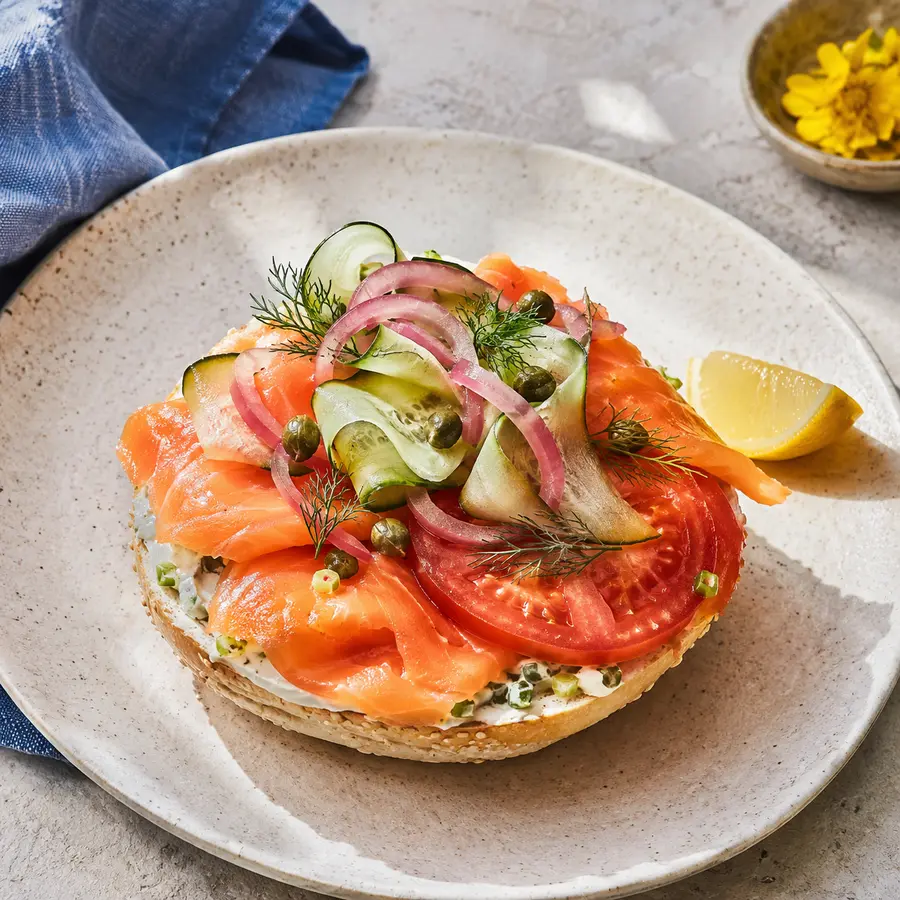 Daily Lox bagel with smoked salmon, scallion schmear and fresh vegetables