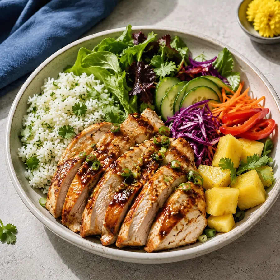 Feel Good Chicken bowl with rice, greens and pineapple