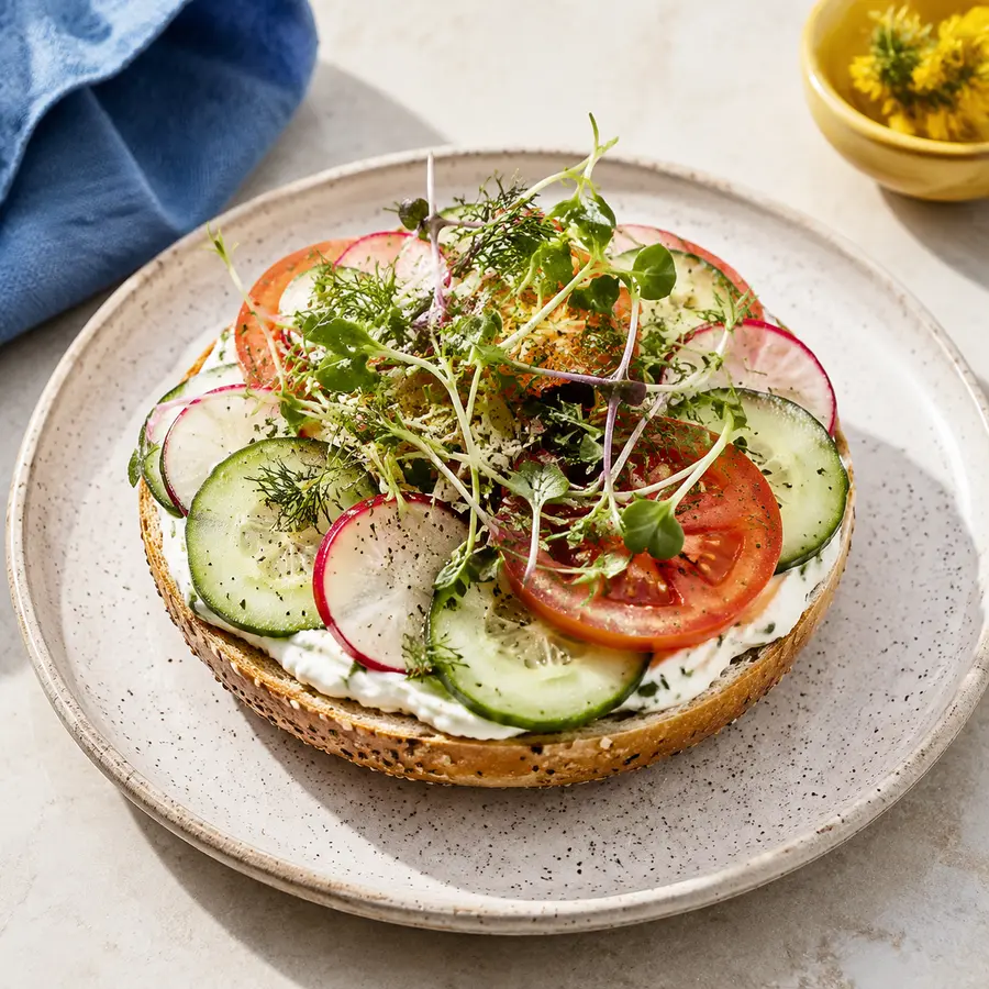 Garden Crunch bagel with cucumber, tomato, radish and sprouts