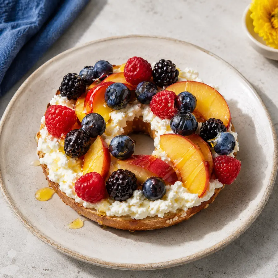 Market Fruit bagel with whipped ricotta, berries and peach