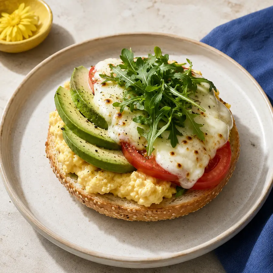 Perfect Egg bagel with avocado, tomato and arugula