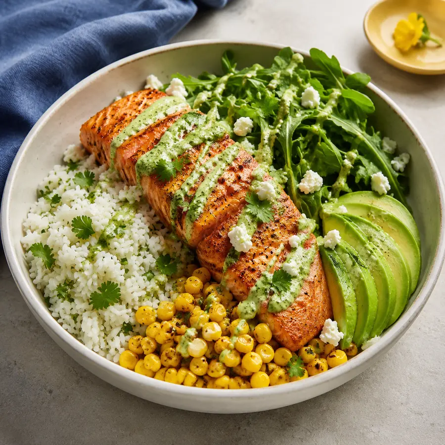 Roasted salmon bowl with cilantro rice, avocado and feta