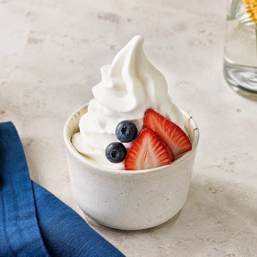 Greek yogurt soft serve cup with fruit toppings