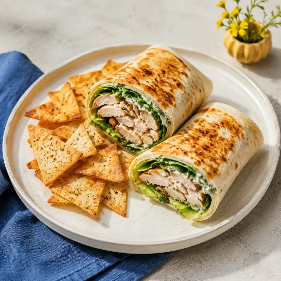 Sliced toasted chicken wrap with oven-baked pita chips